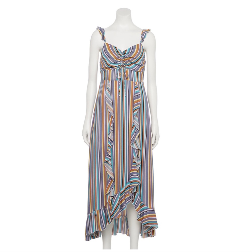NWT Hint of Mint Striped Ruffled Maxi Dress with Front Shirring Juniors Size S